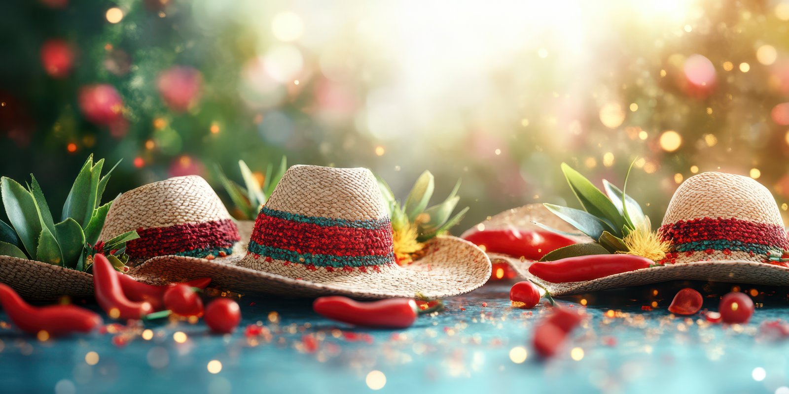 Colorful sombreros and vibrant decorations create a festive atmosphere in a lively outdoor setting